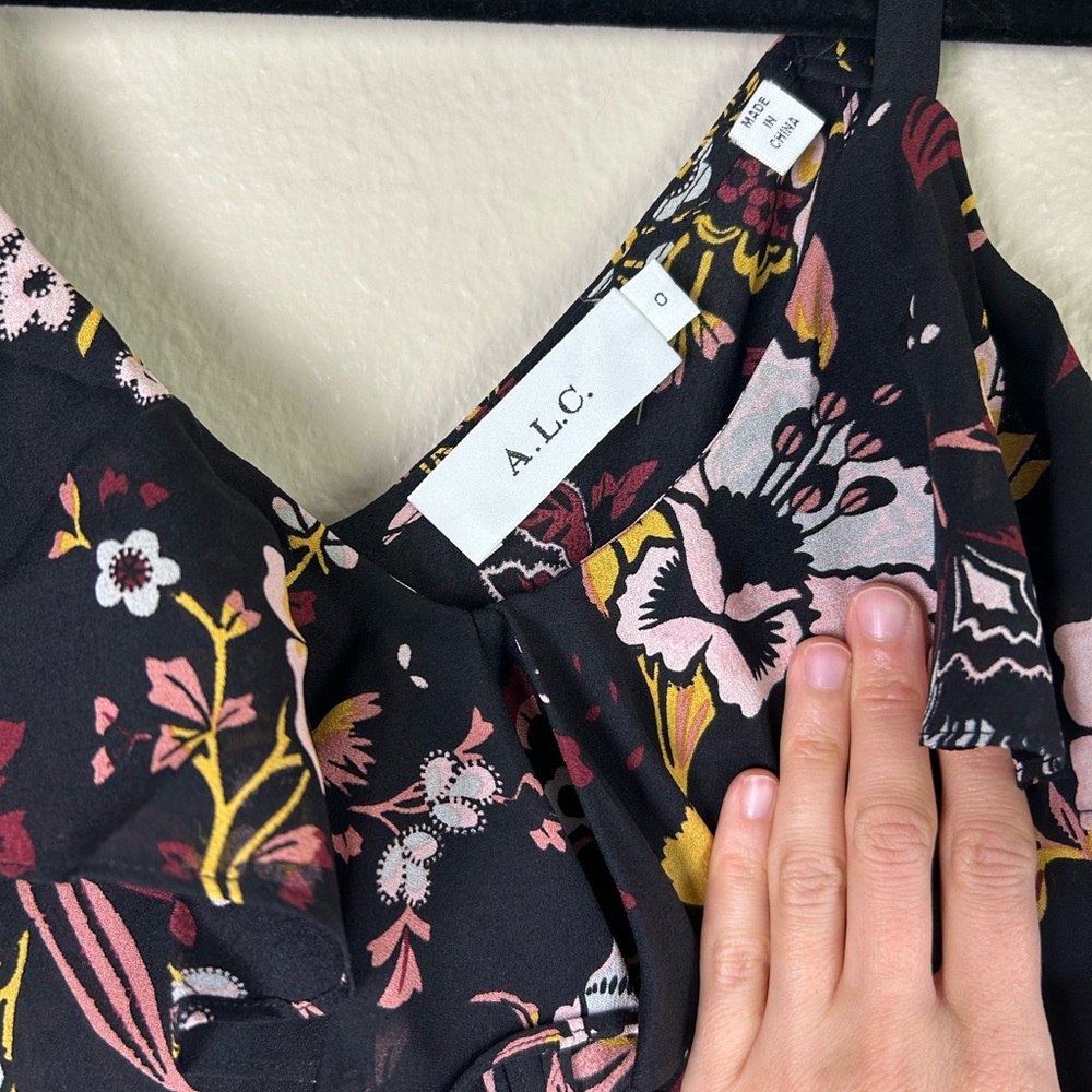 A.L.C. Zaydena Floral Silk Maxi Dress Black Floral Print Ruffle Spaghetti Strap - Picture 9 of 10